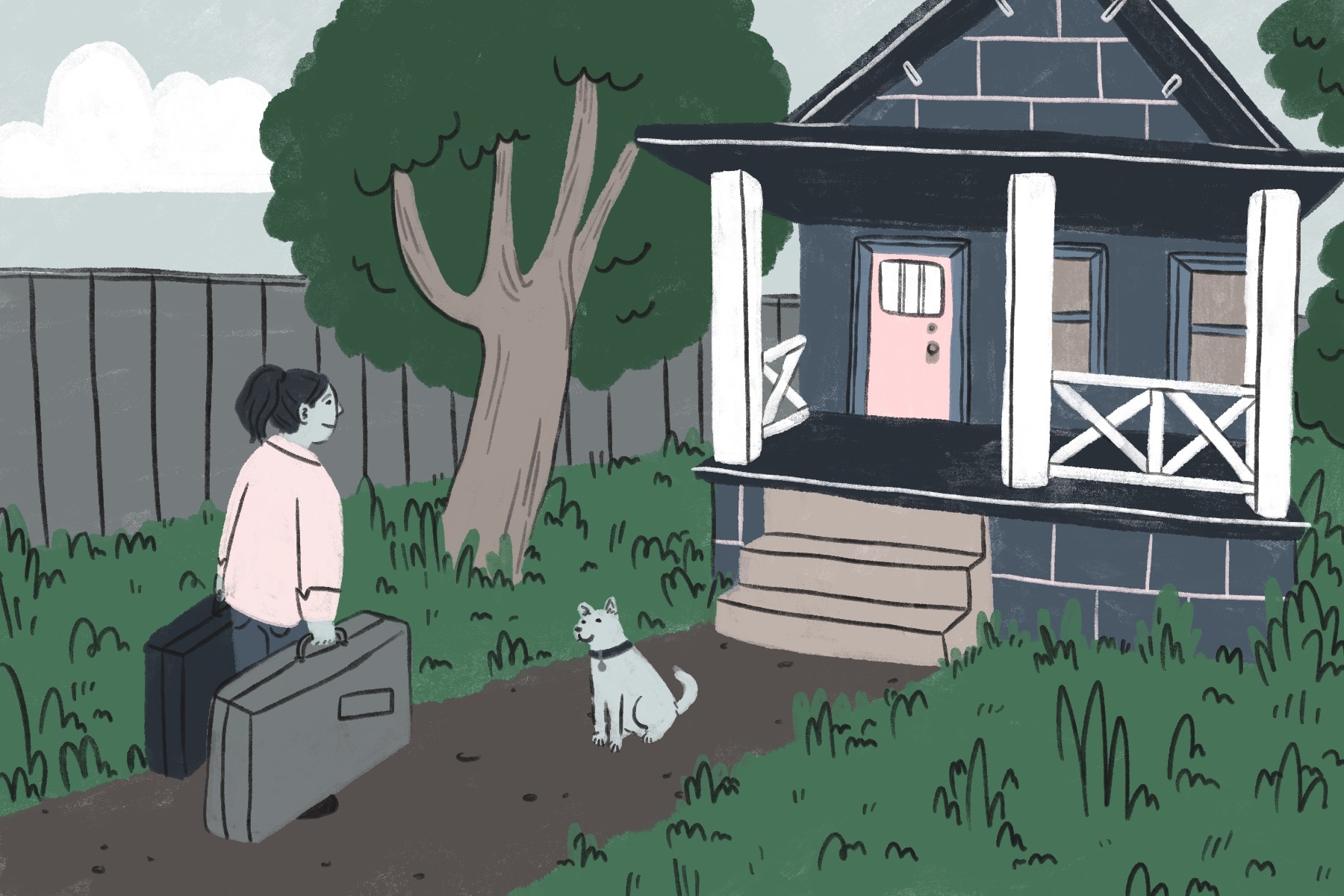 an illustration of a woman approaching a house