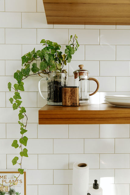 close up of open shelf with plant and ceramics