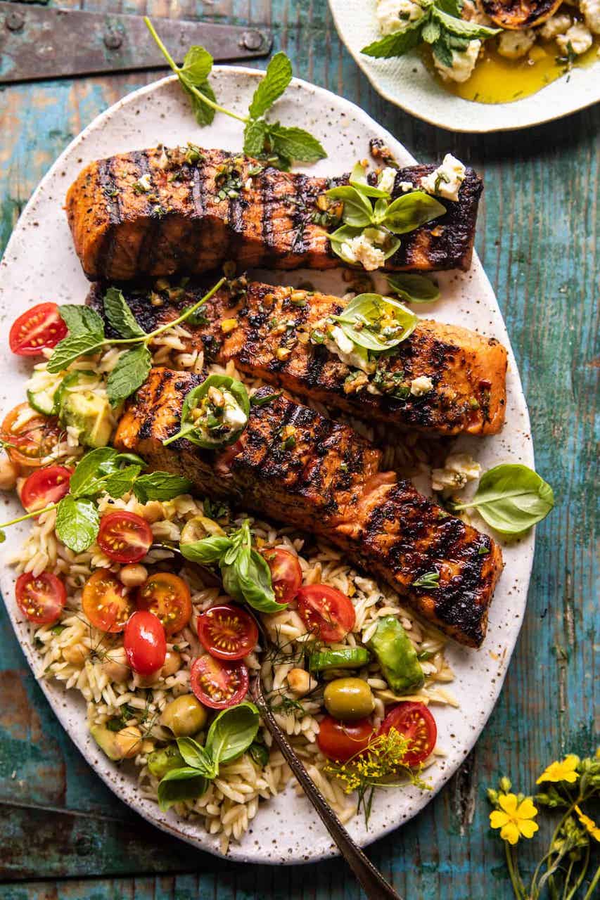grilled salmon with orzo and tomatoes