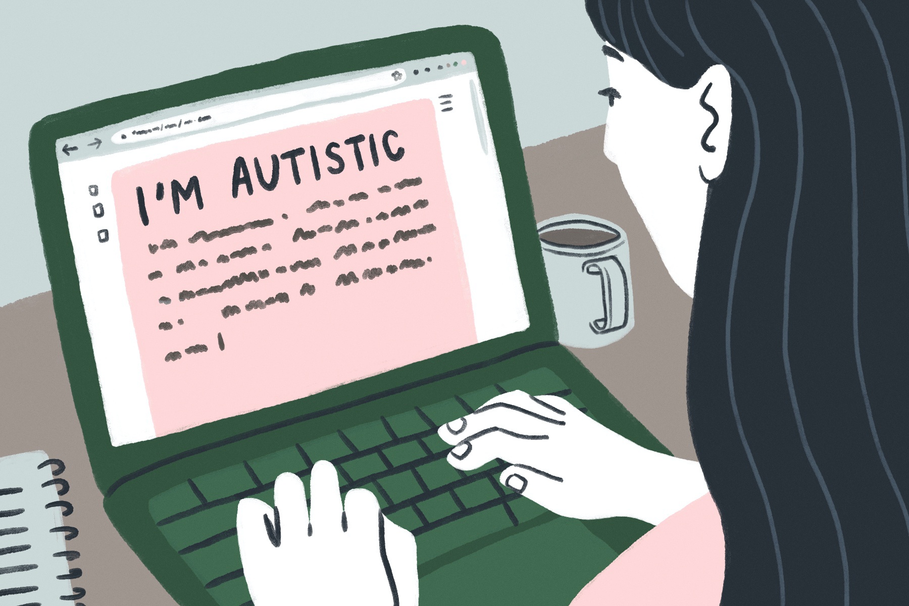 illustration of a woman looking and typing into a laptop with the words "i'm autistic" on the screen