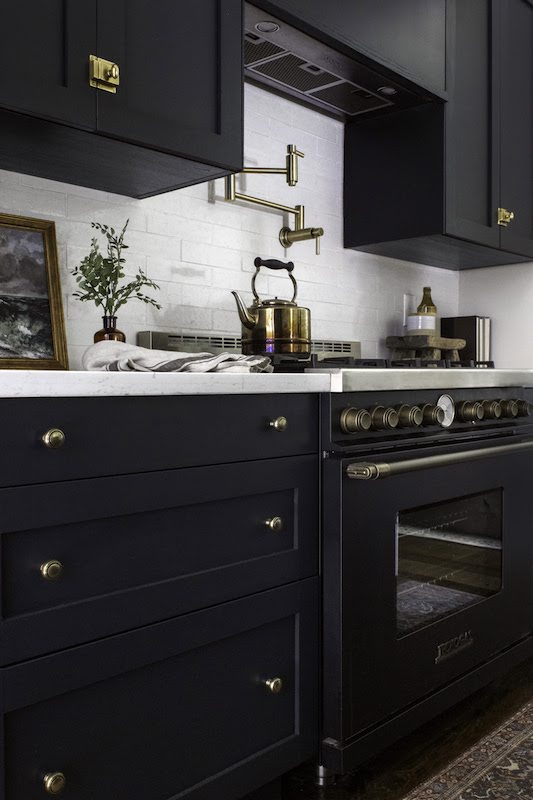 view of the lower black cabinets and matching stove