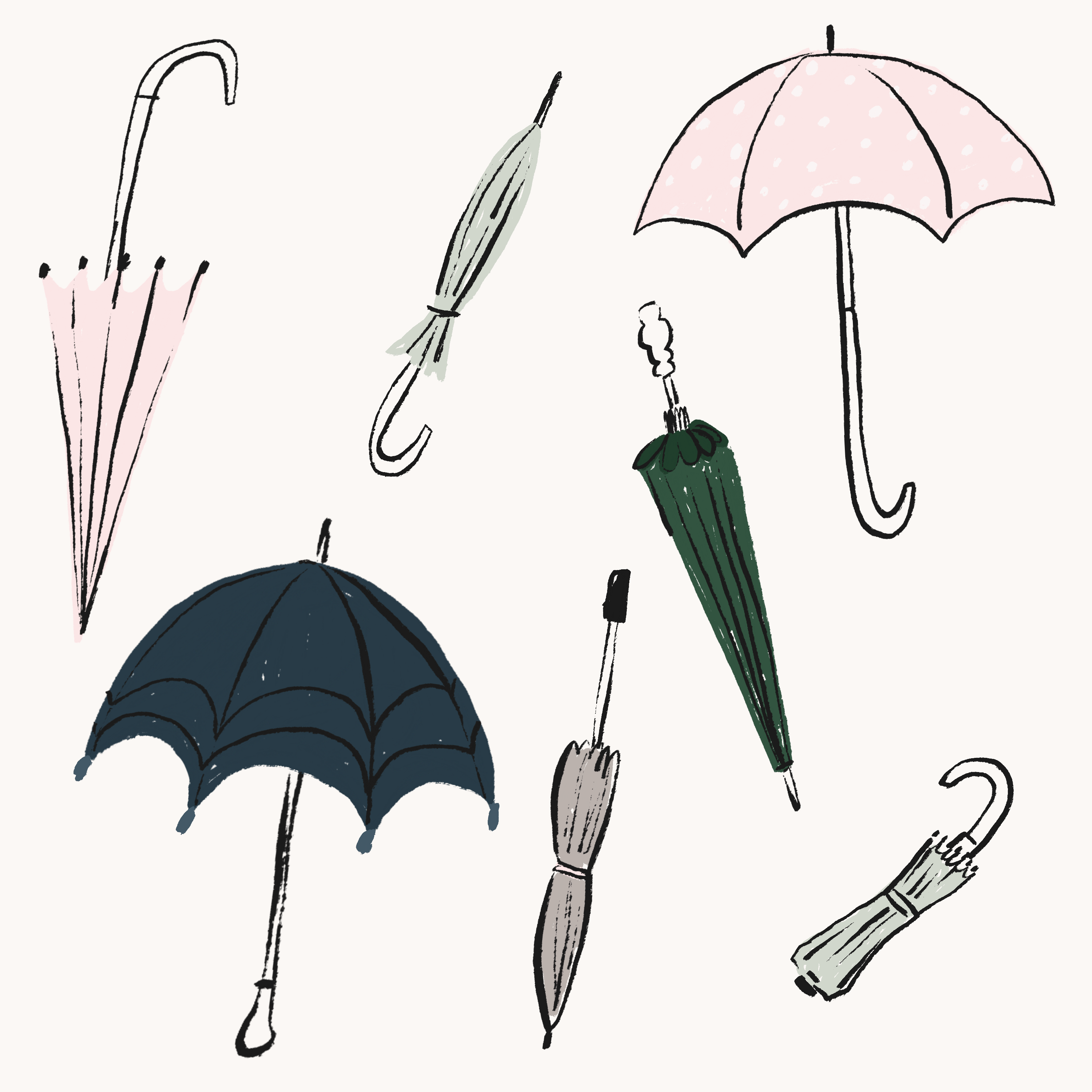 illustration of seven different umbrellas in variations of open and closed, in pink, green, gray, and blue