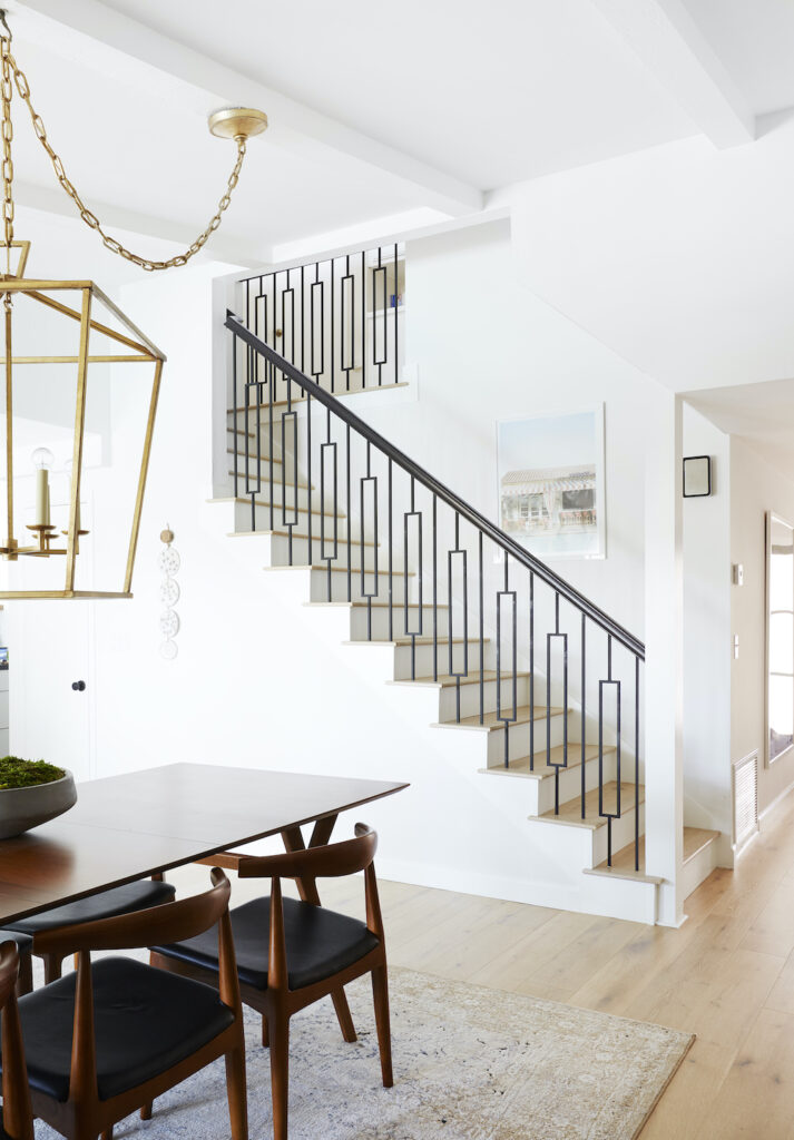 Staircase railing with midcentury rectangular detail