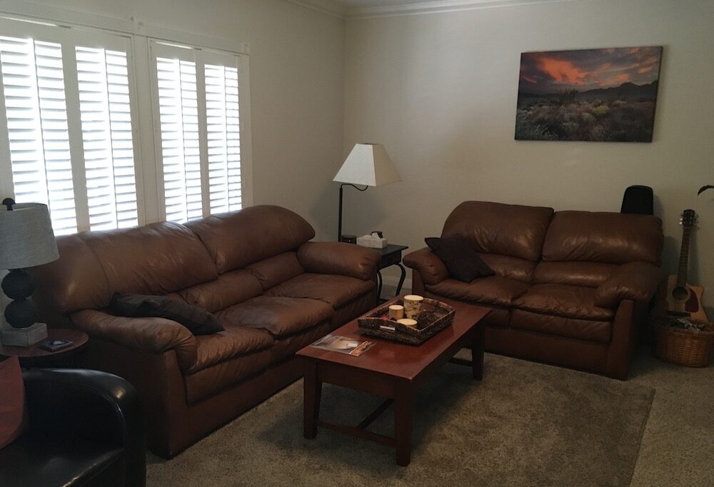 Living room before with dark brown leather sofas