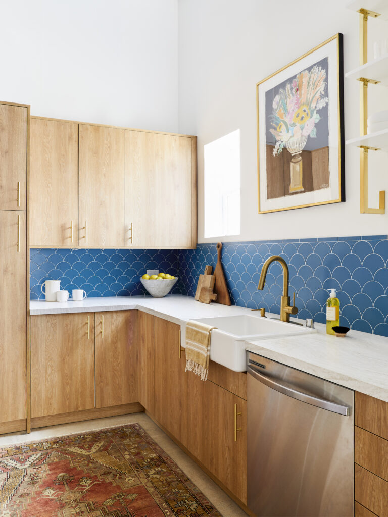 Semihandmade wood kitchen with blue backsplash