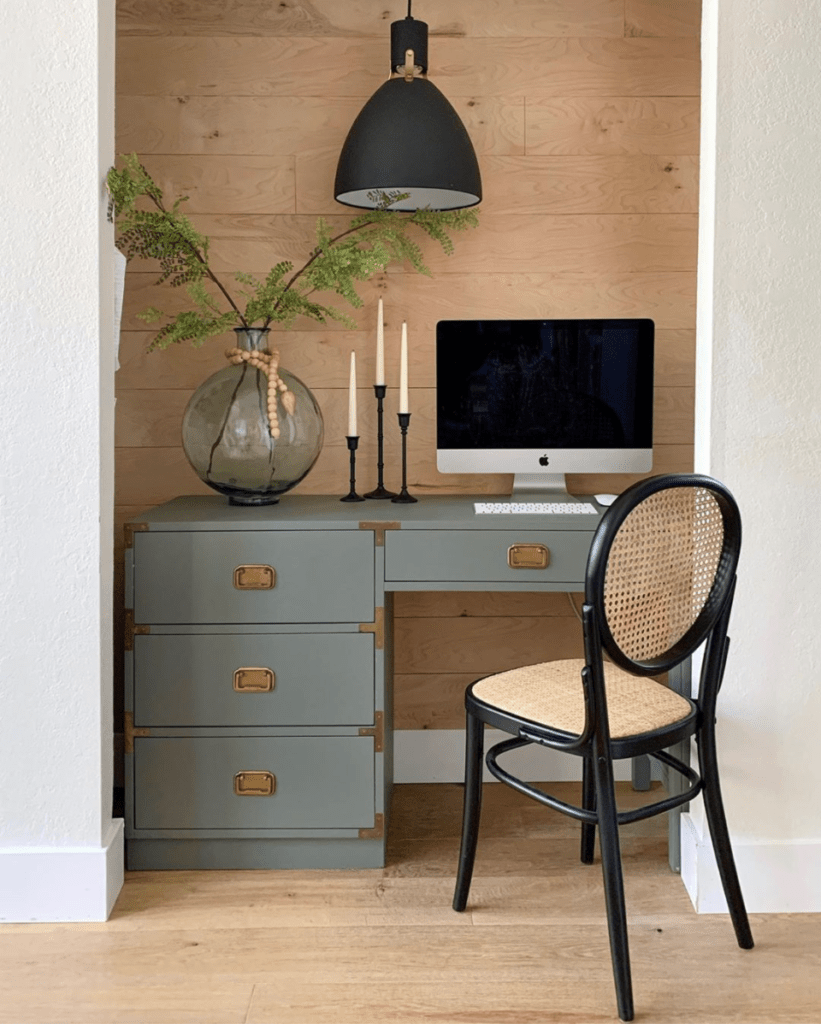 Built-in workspace with wood paneling