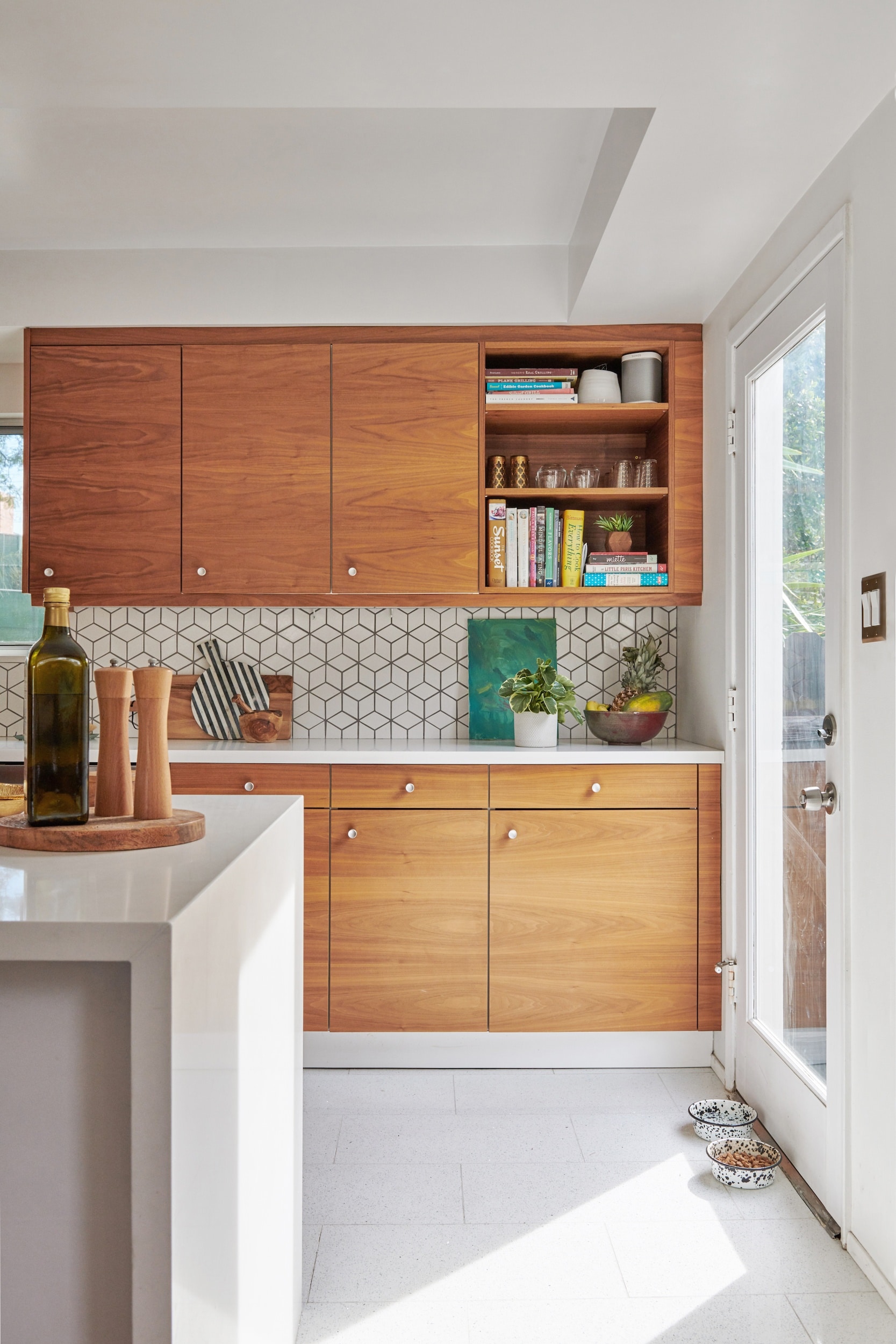 Semihandmade Walnut Kitchen Cabinets with Graphic Backsplash