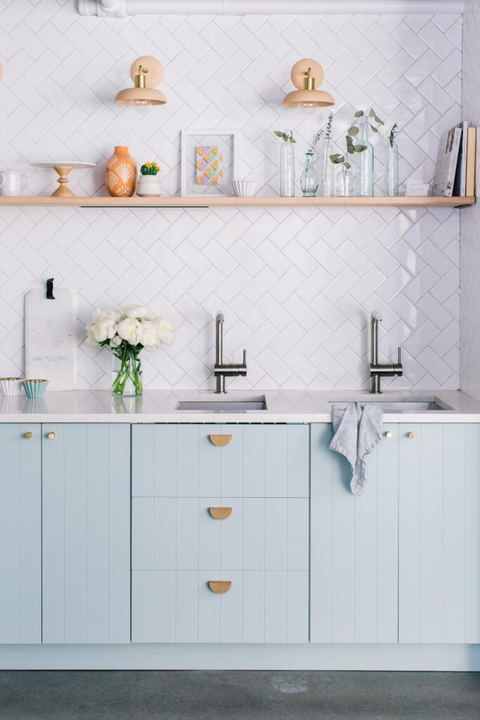 Semihandmade blue beaded kitchen cabinets