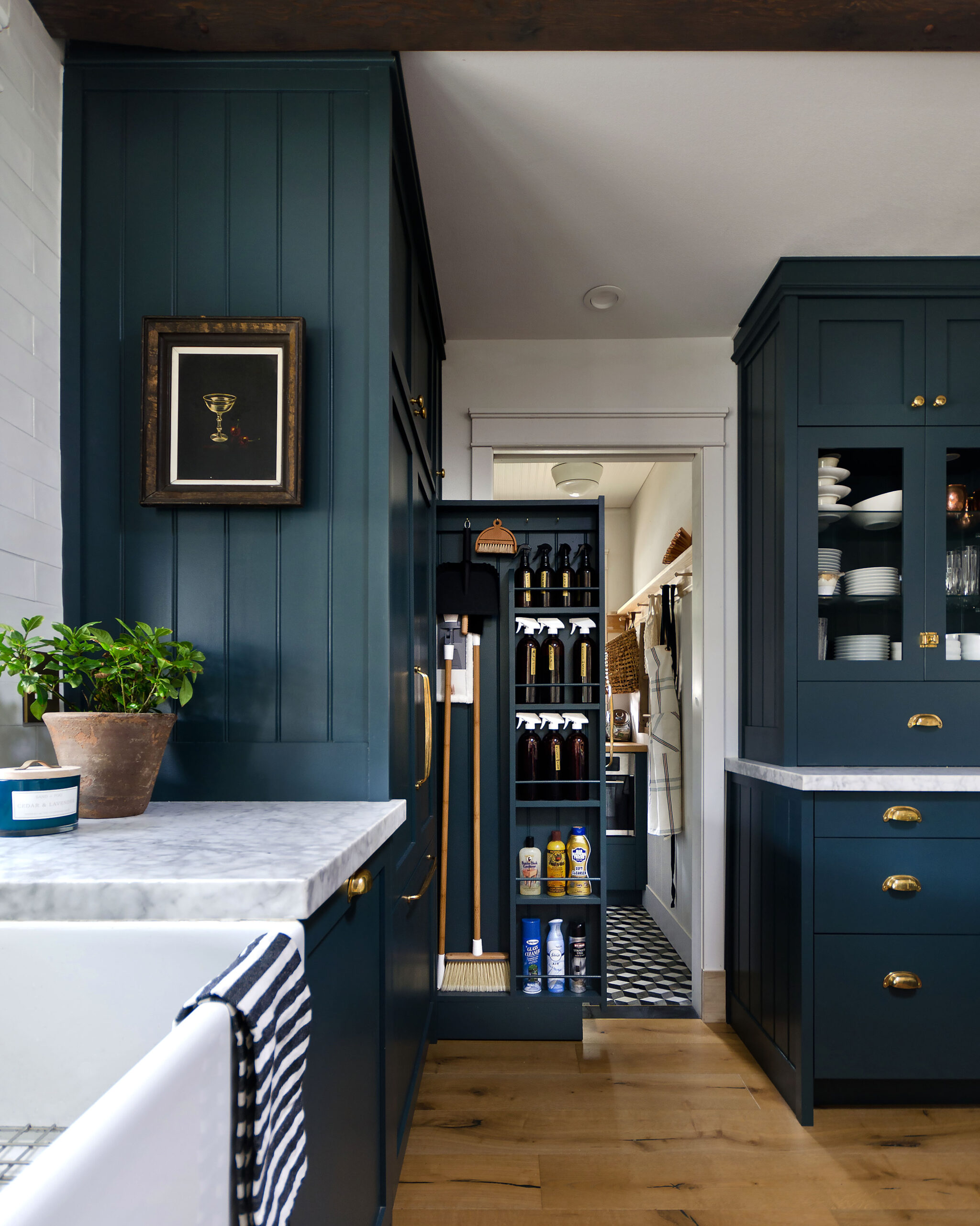 Navy blue kitchen with cleaning rack pullout