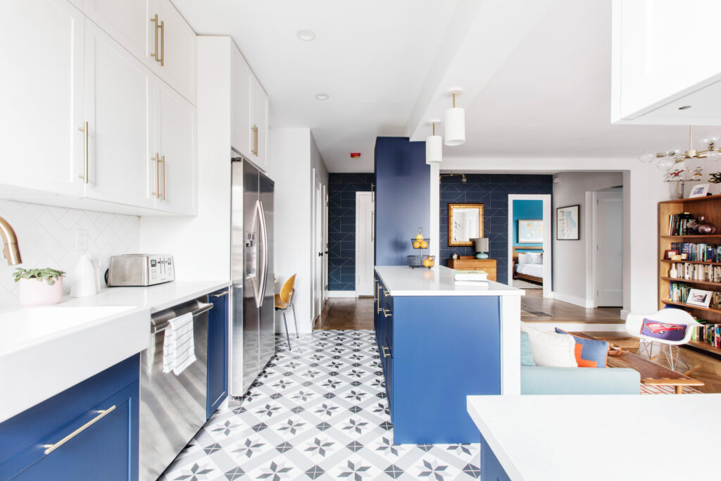Blue and white bright open kitchen