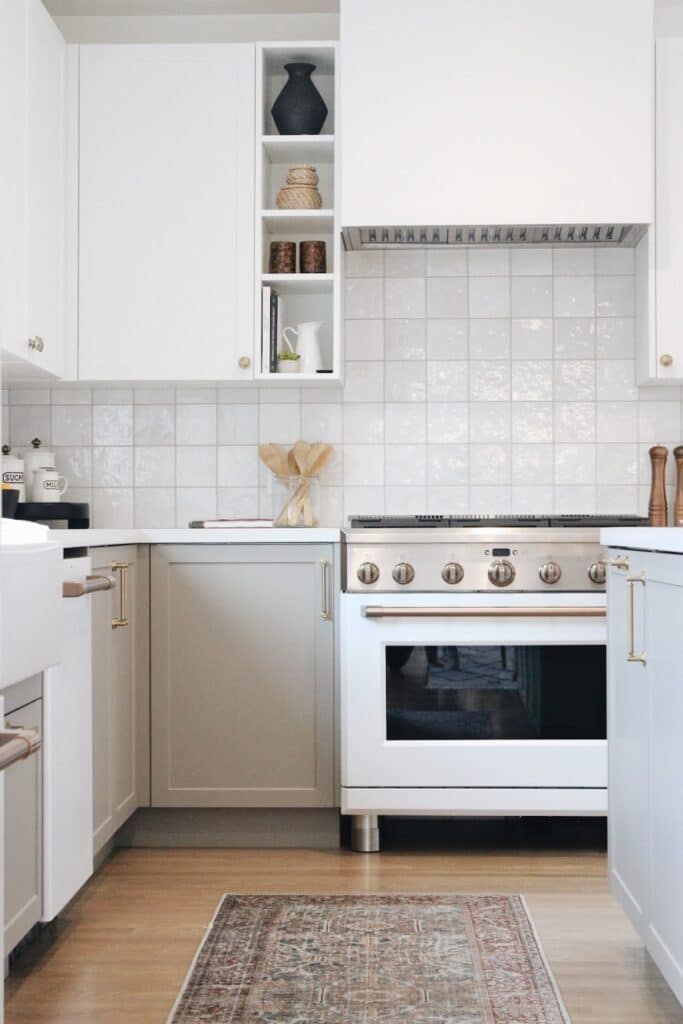 White and gray kitchen with zellige tile