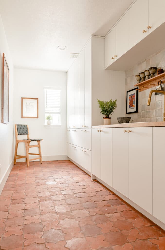 Pantry with terracotta tile and white cabinets