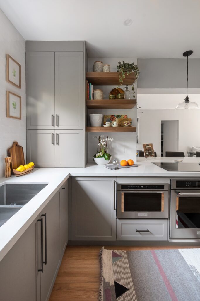 Gray corner kitchen cabinets