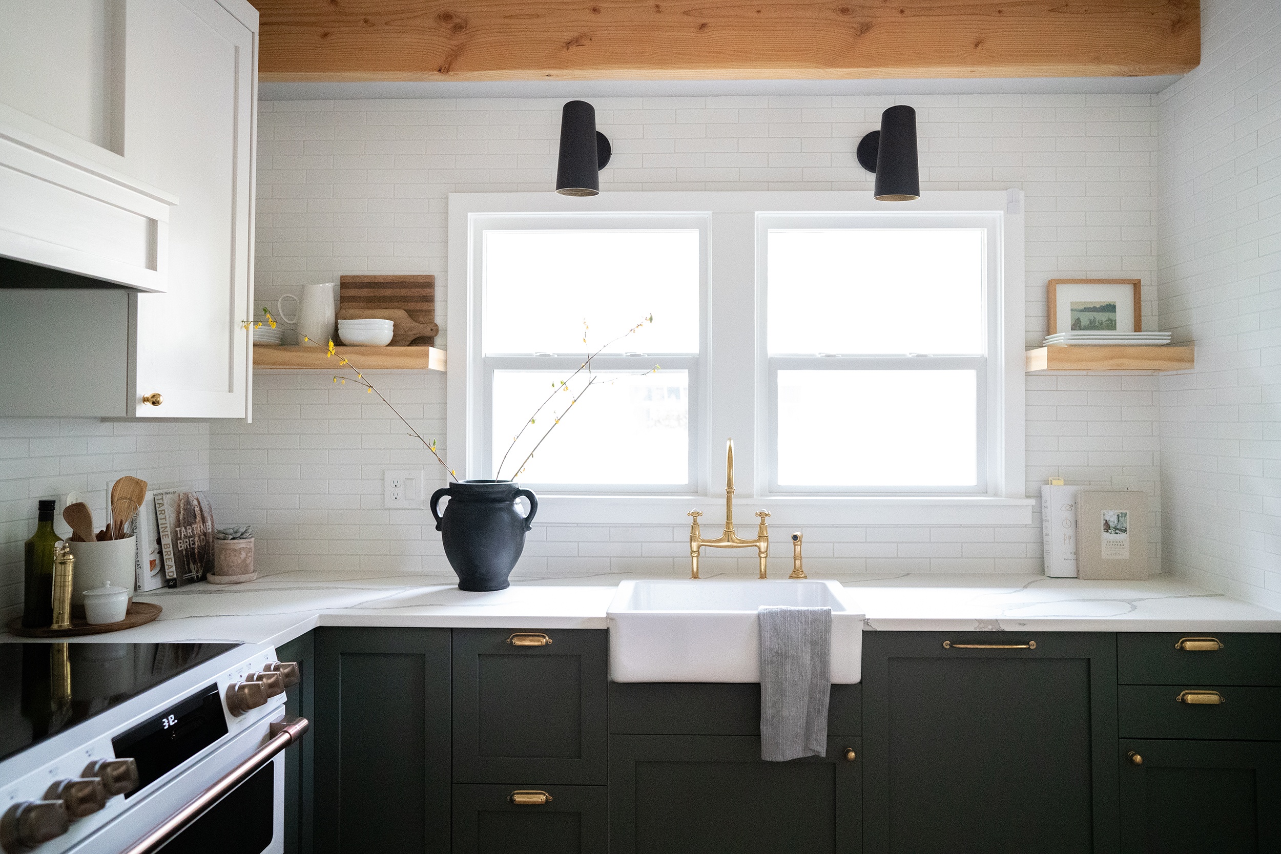 Black kitchen cabinets with windows