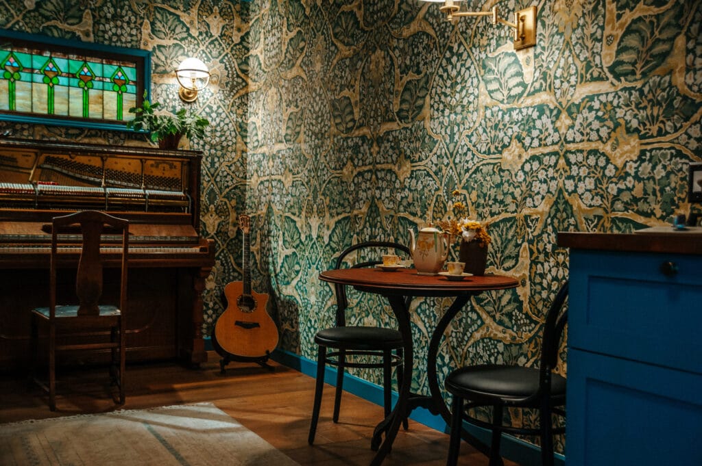 Wallpapered music room